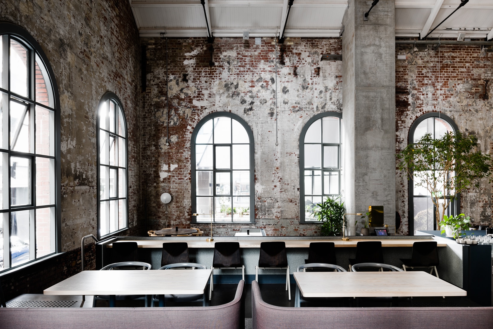 Distressed heritage building with tables