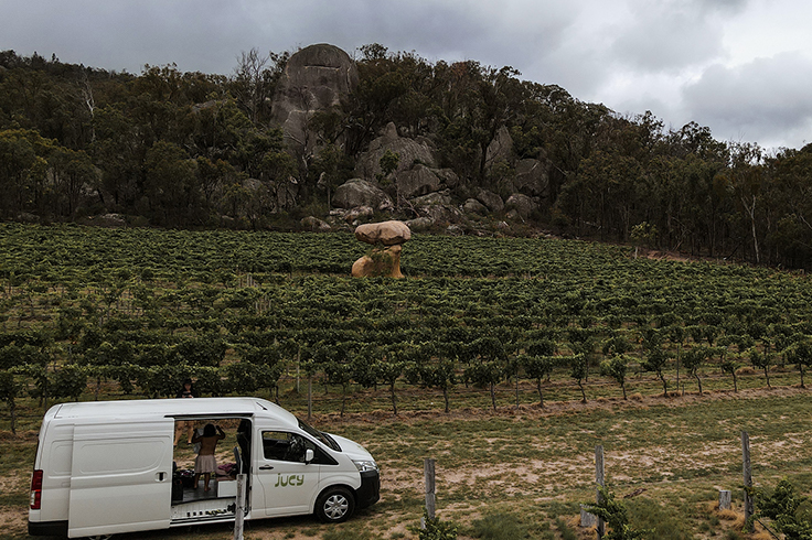 JUCY campervan in front of Balancing Heart Vineyard