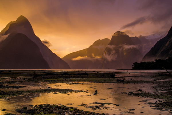 Lake and mountains at sunset